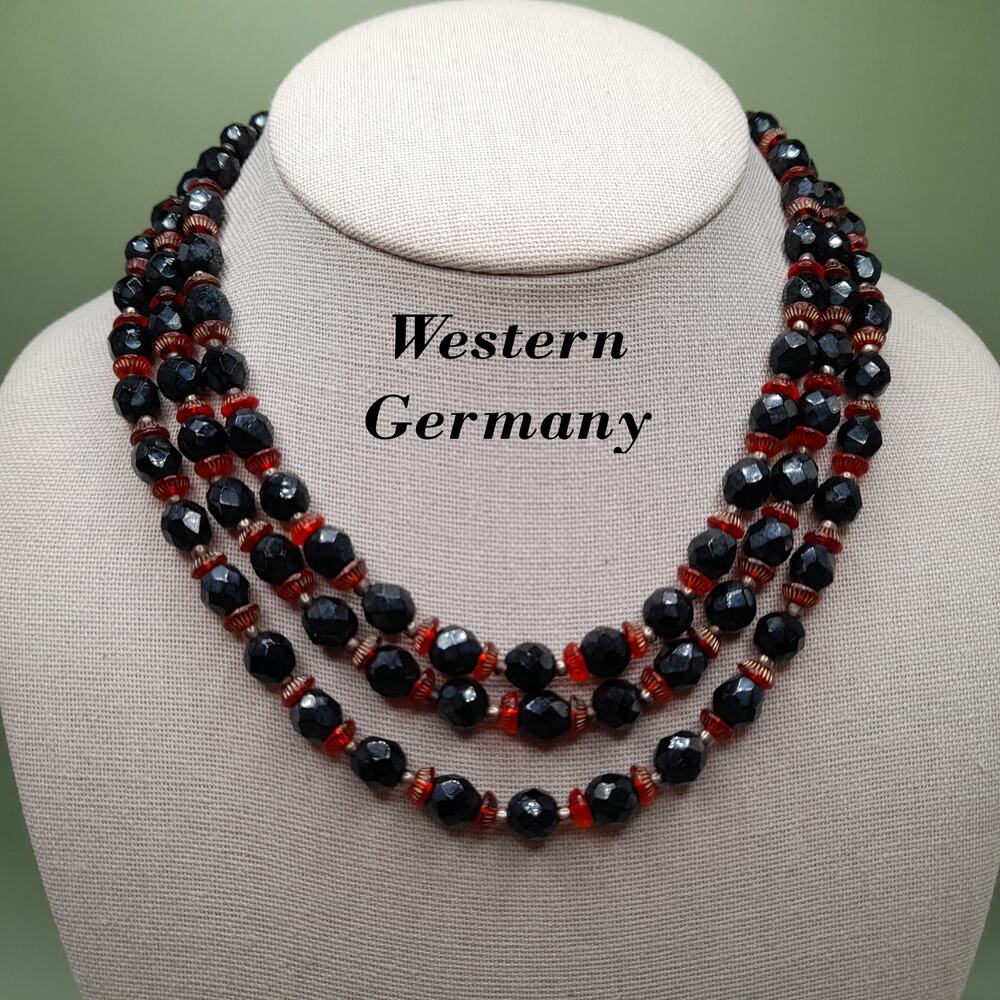 Vintage Western Germany Black Red Bead Necklace, 1950s, 15 Inch